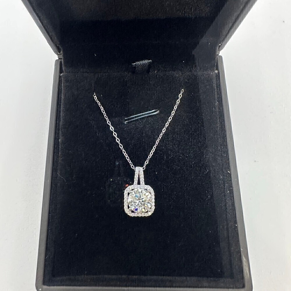 GRA Moissanite Diamond Necklace 2 Ct Pendant Chain Fine Jewelry Halo - Picture 12 of 12